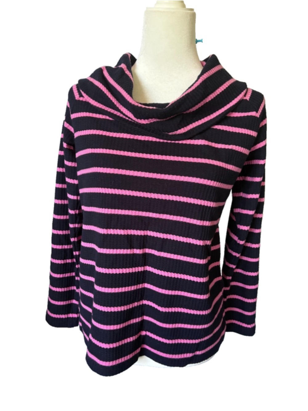 Talbots Womens Medium Top Pink Black Striped Cowl Neck Long Sleeve Ribbed Knit